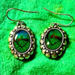 Chicos Vintage Oval Dangle Earrings set with Green Art Glass